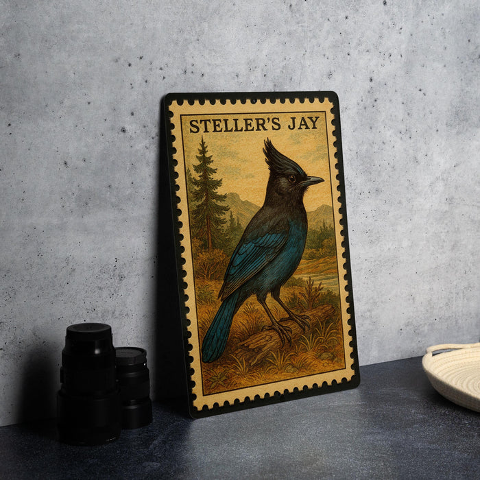 A framed illustration of a blue jay bird is displayed on a table, with a stamp-like border around it.