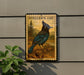 a postage stamp-style sign with a blue bird illustration, mounted on a wall next to a plant.