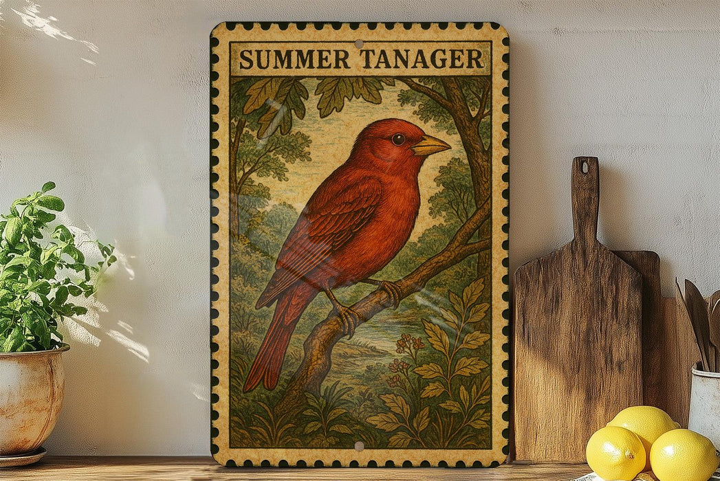 a framed illustration of a red bird perched on a branch, surrounded by lush greenery, with a wooden cutting board and a potted plant nearby.