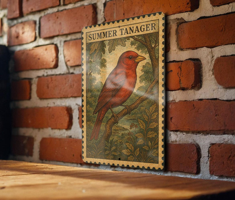 a red bird perched on a branch, with a brick wall in the background.