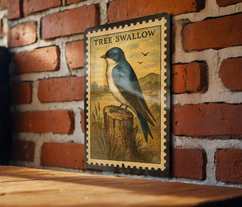 A framed illustration of a blue bird perched on a tree stump is displayed on a brick wall.