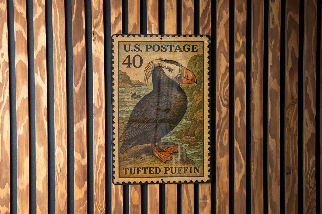 A U.S. postage stamp featuring a puffin bird, which is a type of seabird, is displayed on a wooden wall.