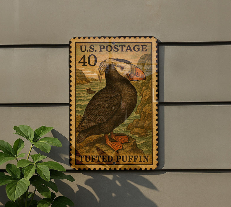 A U.S. postage stamp featuring a puffin bird is displayed on a wall, with a plant visible to the left.