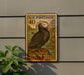 A U.S. postage stamp featuring a puffin bird is displayed on a wall, with a plant visible to the left.