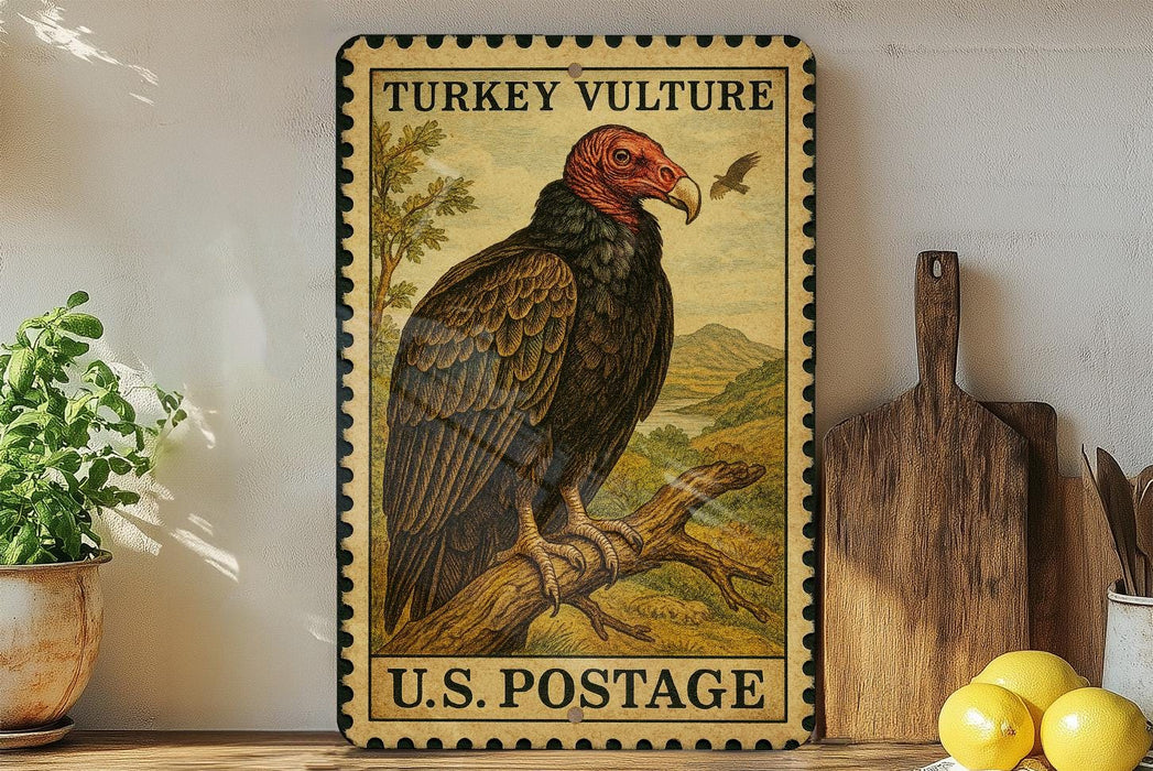 A vintage-style postage stamp featuring a turkey vulture, with the text "TURKEY VULTURE" and "U.S. POSTAGE" printed on it. The stamp is displayed on a shelf next to a wooden cutting board and a potted plant.