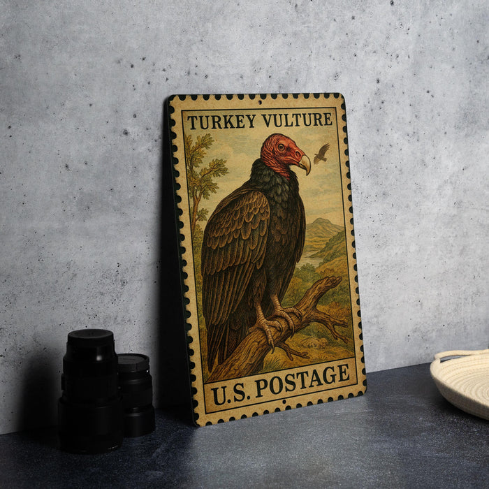 A vintage-style postage stamp featuring a turkey vulture, with the text "TURKEY VULTURE" and "U.S. POSTAGE" printed on it.