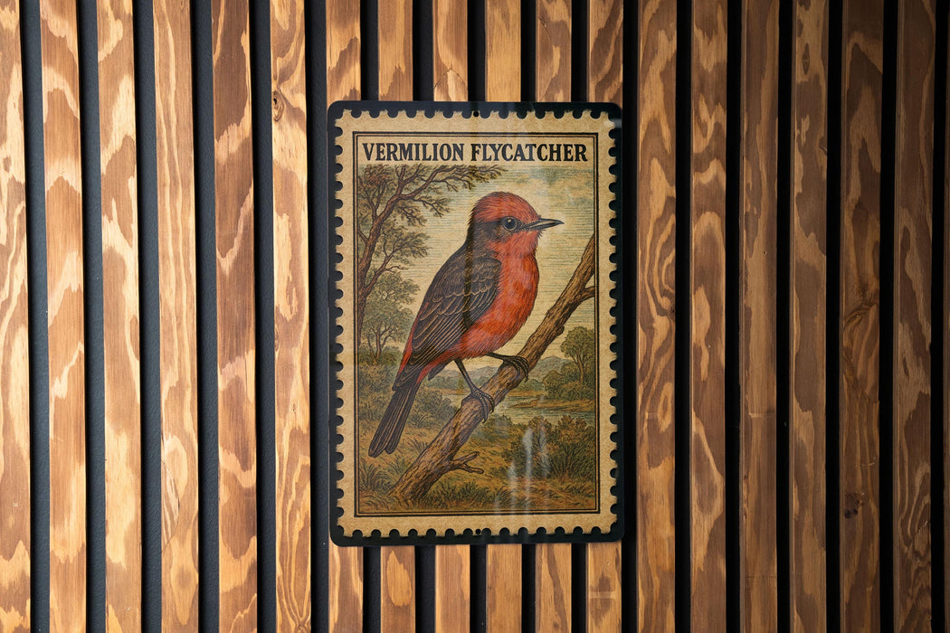 a large, colorful bird perched on a branch, with a vintage-style stamp in the foreground.