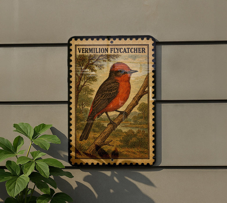 a large, detailed illustration of a red bird perched on a branch, mounted on a wall.
