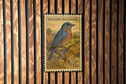 A U.S. postage stamp featuring a bluebird perched on a branch, with the text "WESTERN BLUEBIRD" and "15c" printed on it.