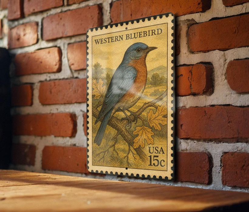 A vintage-style postage stamp featuring a bluebird perched on a branch, mounted on a brick wall.