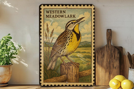A framed illustration of a yellow bird, likely a meadowlark, perched on a wooden post against a natural landscape.