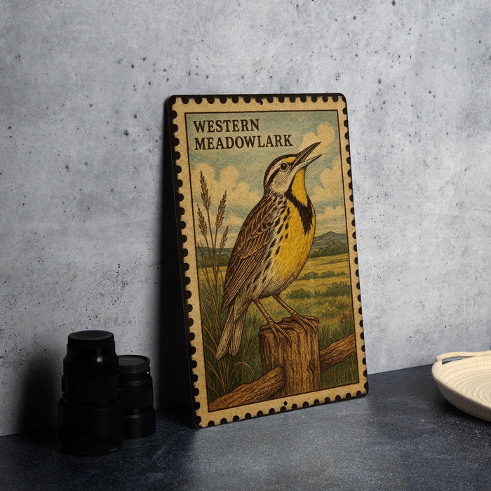 A framed illustration of a Western Meadowlark bird perched on a wooden post, with a rural landscape in the background.