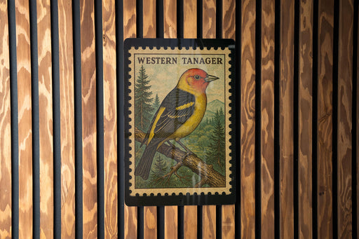 A postage stamp featuring a colorful bird, likely a Western Tanager, perched on a branch against a wood-paneled background.