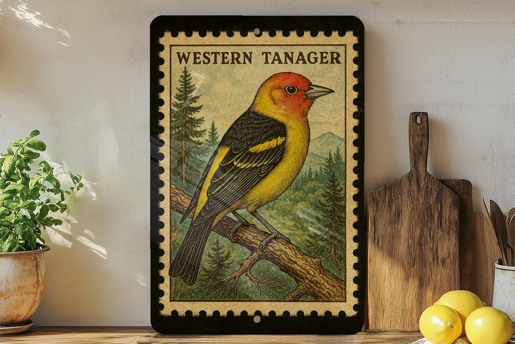 A framed illustration of a Western Tanager bird, a colorful songbird, is displayed on a shelf next to a wooden cutting board and a potted plant.