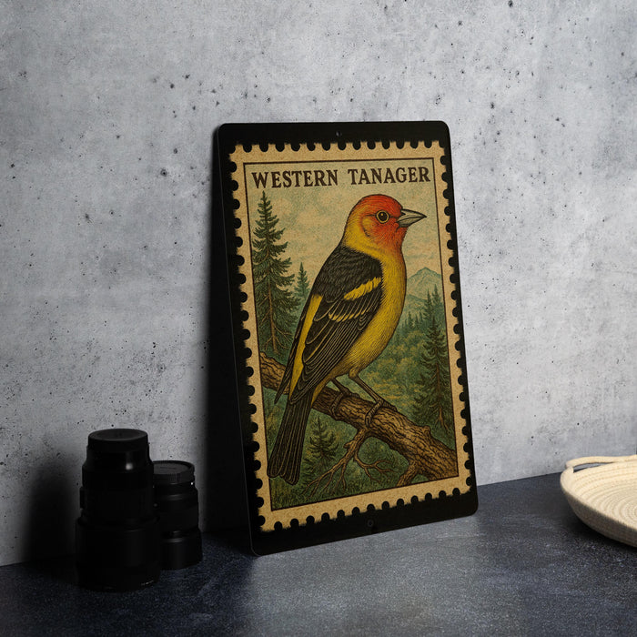 A framed stamp depicting a Western Tanager bird, a type of small songbird, is displayed on a table.