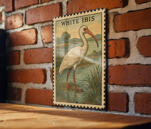 A framed illustration of a white ibis bird is displayed on a brick wall.