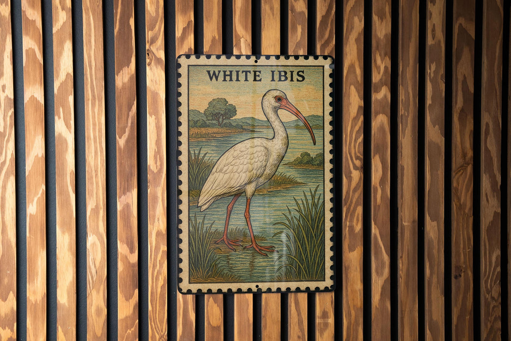 A framed illustration of a white ibis bird is displayed on a wooden wall.