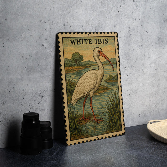 A metal sign featuring an illustration of a white ibis bird standing in a natural setting, with the text "WHITE IBIIS" prominently displayed.