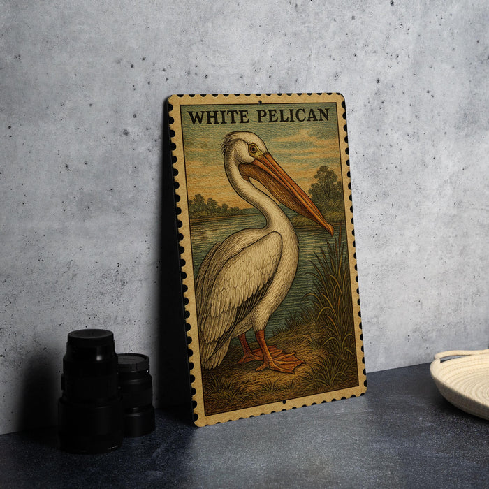 A framed illustration of a pelican, titled "WHITE PELICAN", is displayed on a wall next to a stack of black camera lenses.