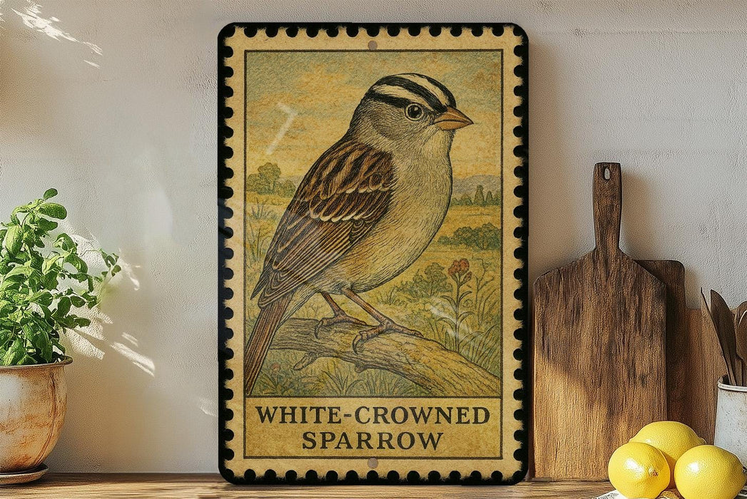 A framed illustration of a white-crowned sparrow is displayed on a shelf, accompanied by a wooden cutting board, a potted plant, and some lemons.