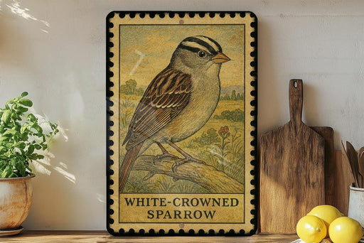 A framed illustration of a white-crowned sparrow is displayed on a shelf, accompanied by a wooden cutting board, a potted plant, and some lemons.