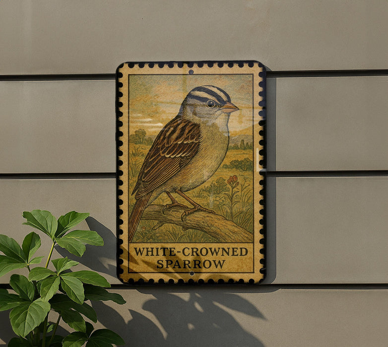 a white-crowned sparrow perched on a branch, with a stamp-like border around the bird.