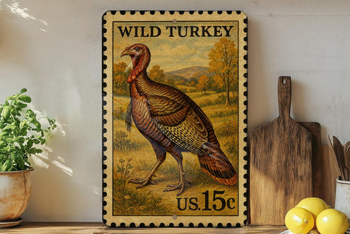 A framed stamp depicting a wild turkey, with the text "WILD TURKEY" and "us.15c" printed on it. The stamp is placed on a shelf next to a wooden cutting board and a potted plant.