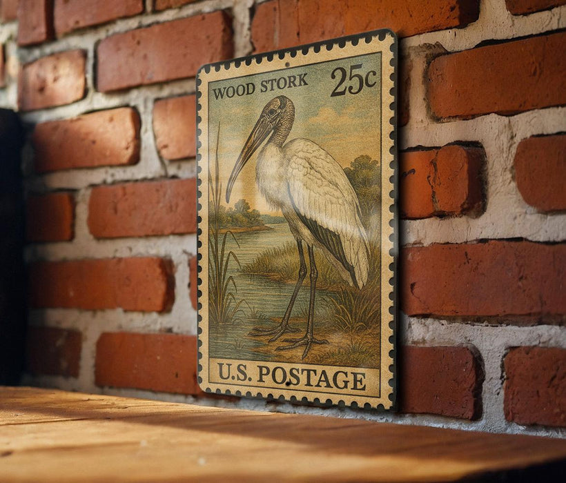 A vintage 25c U.S. postage stamp featuring a wood stork illustration is displayed on a wooden surface against a brick wall.