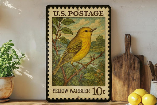 A vintage U.S. postage stamp featuring a yellow warbler, with a price of 10 cents, is displayed on a shelf next to a wooden cutting board and some kitchen utensils.