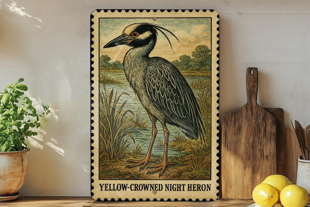 A framed illustration of a yellow-crowned night heron is displayed on a shelf, accompanied by a wooden cutting board, a potted plant, and some lemons.