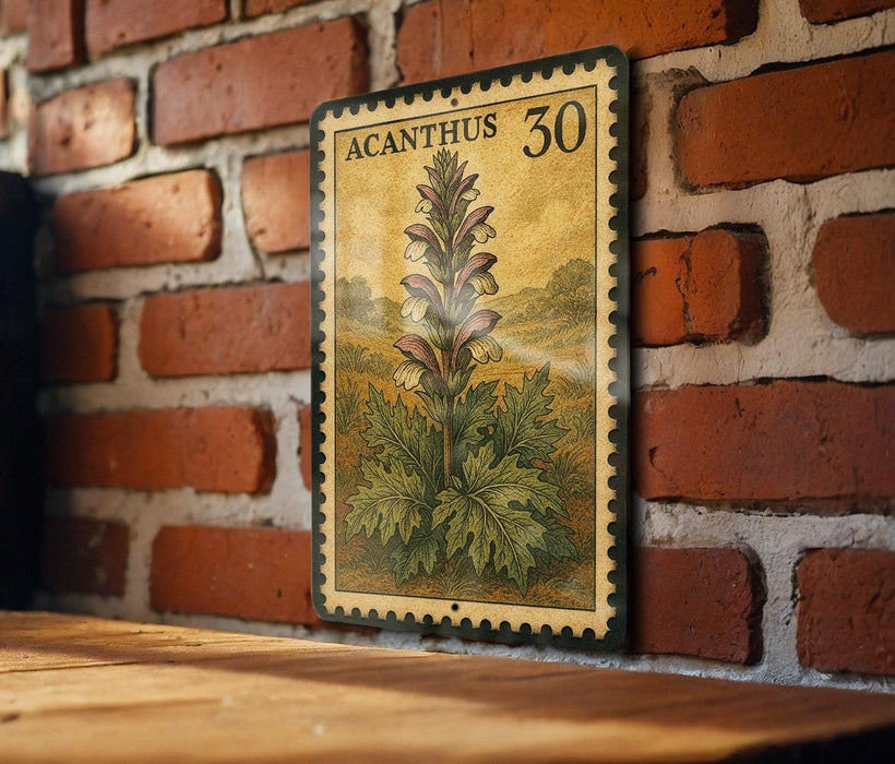 a vintage-style stamp with a floral design, mounted on a brick wall.