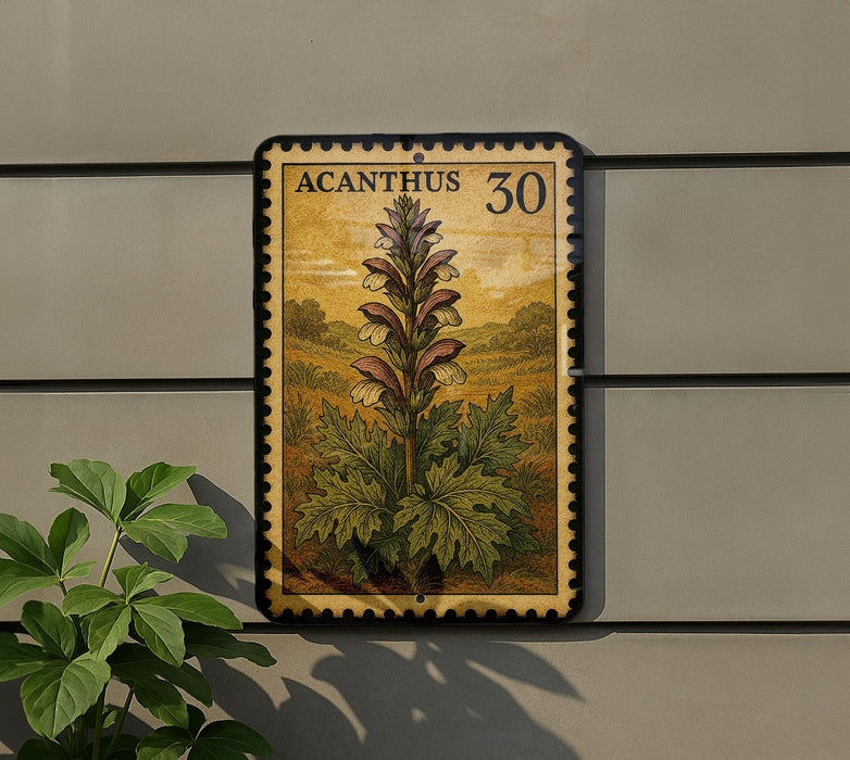 a postage stamp with a detailed illustration of a plant, specifically a flower, mounted on a wall.