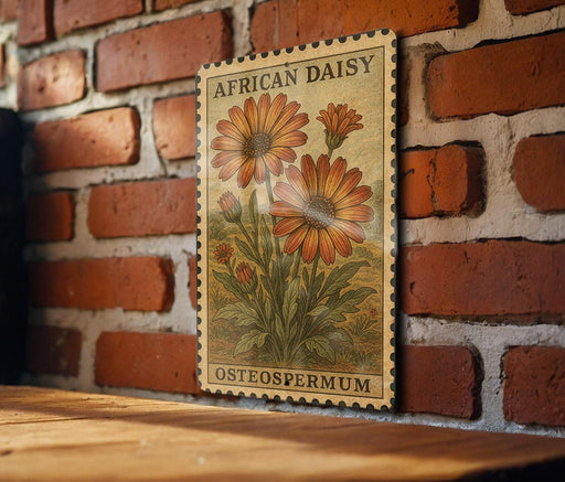 a vintage-style stamp or postcard with an illustration of a flower, specifically an African daisy, mounted on a brick wall.