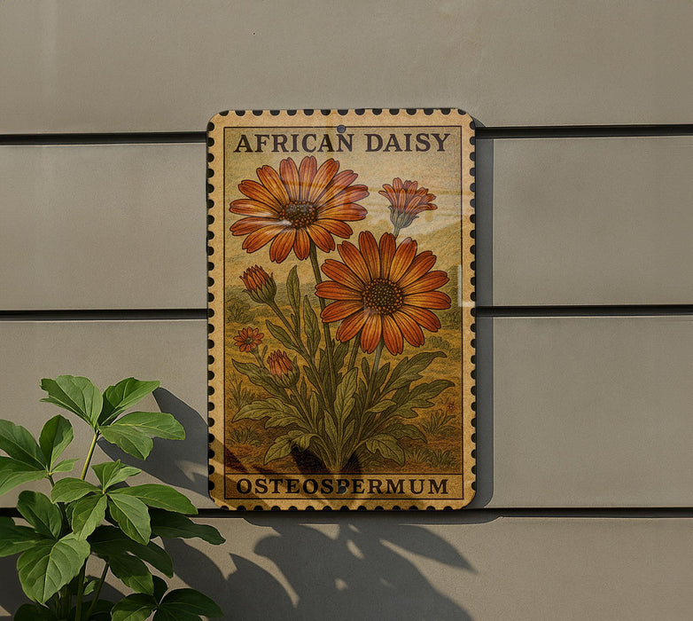 a wooden sign with a floral design, mounted on a wall next to a plant.