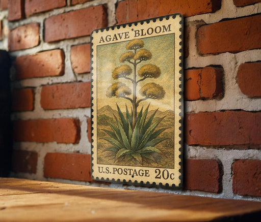 A vintage-style postage stamp featuring an illustration of an agave plant, mounted on a brick wall.