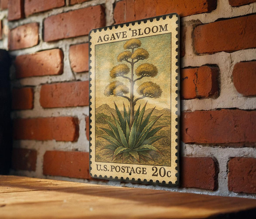 A vintage-style postage stamp featuring an illustration of an agave plant, mounted on a brick wall.