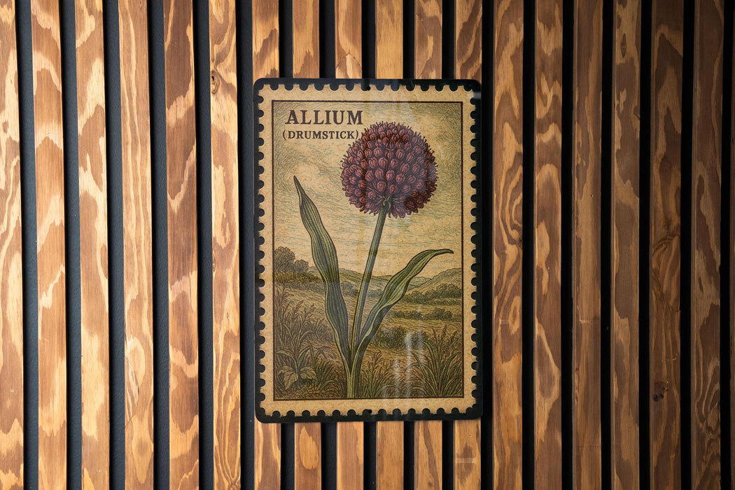 A postage stamp featuring a large, round flower with a green stem and leaves, mounted on a wooden wall.