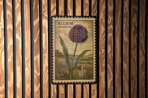 A postage stamp featuring a large, round flower with a green stem and leaves, mounted on a wooden wall.