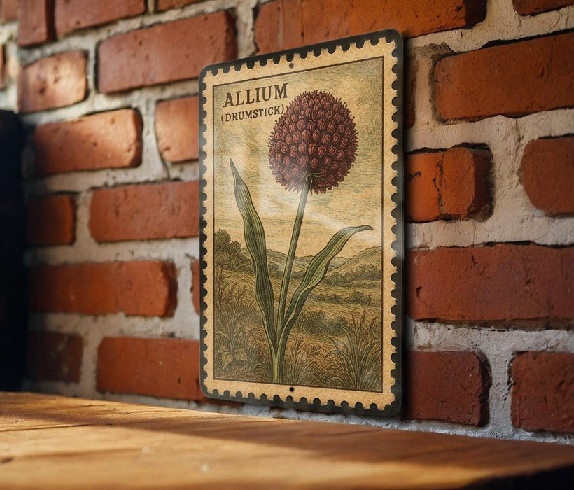 A vintage-style stamp depicting a red flower with a green stem is displayed on a brick wall.