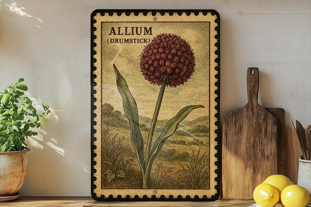 a framed illustration of a red flower, possibly an allium, on a shelf next to a wooden cutting board and some kitchen utensils.