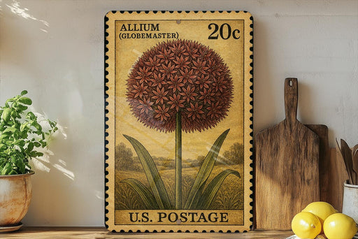 A vintage-style postage stamp featuring a large flower illustration, placed on a wooden surface next to a wooden cutting board and a potted plant.