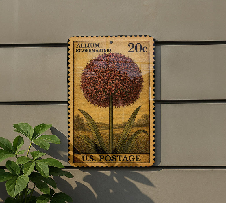 A wooden postcard with a large illustration of a flower, mounted on a wall.