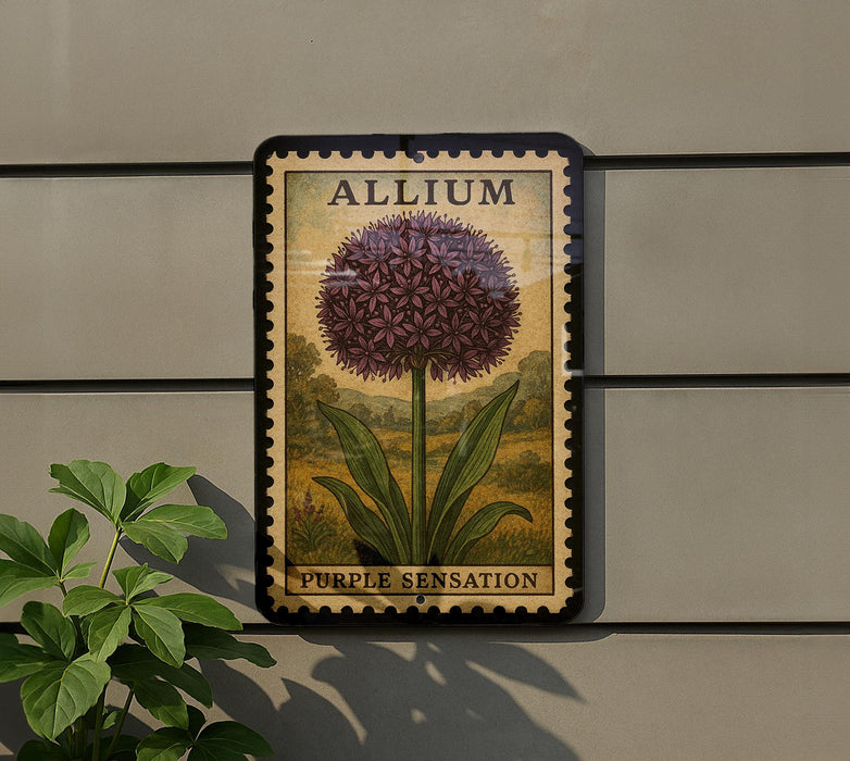 a vintage-style Allium flower seed packet with a purple flower and green leaves, mounted on a wall.