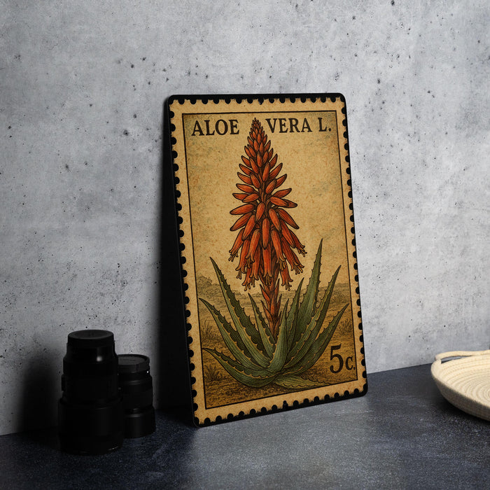 A framed illustration of an aloe vera plant on a wall, with a postage stamp in the background.