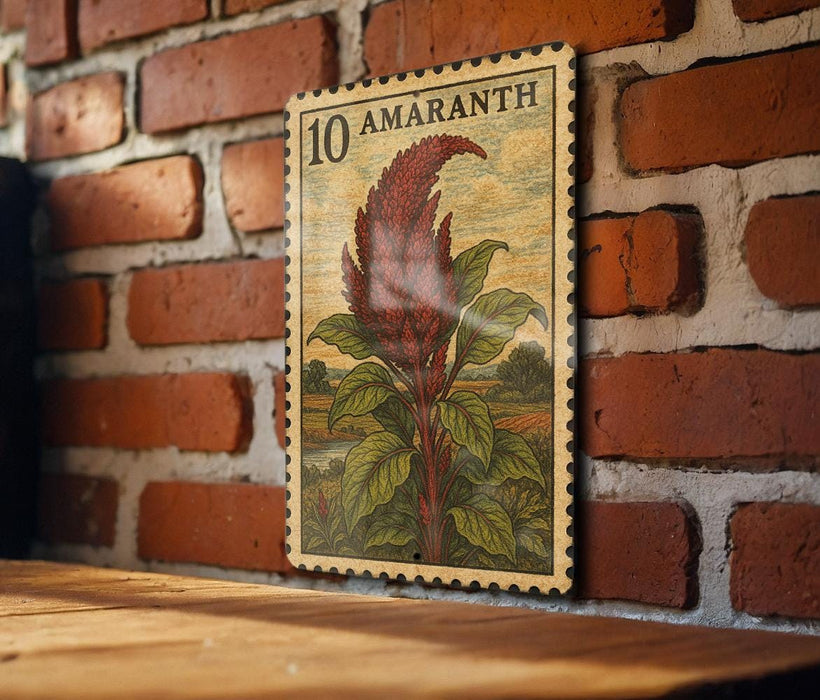 a stamp-like artwork depicting a red flower with green leaves, mounted on a brick wall.