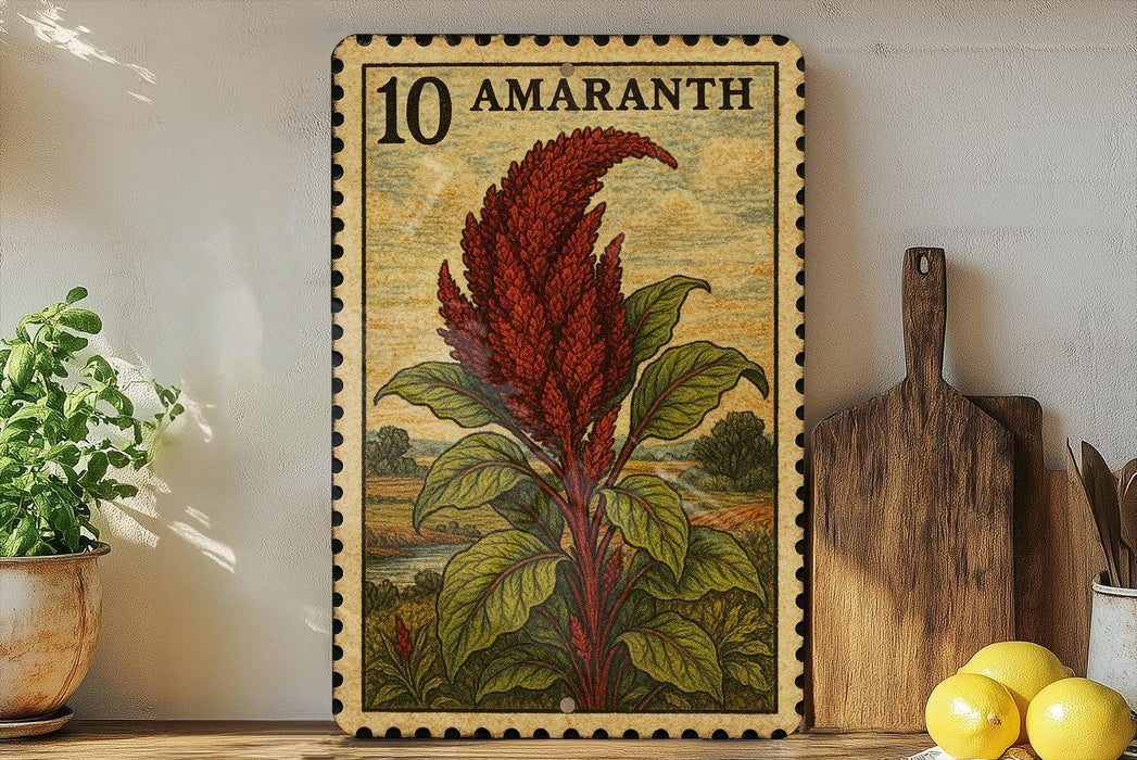 a stamp-like artwork depicting a red plant with green leaves, placed on a shelf next to a wooden cutting board and a potted plant.