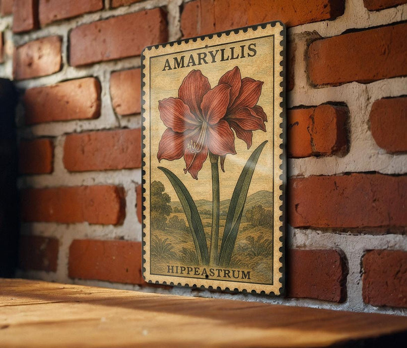 A vintage-style stamp featuring a large red flower with green leaves, mounted on a brick wall.