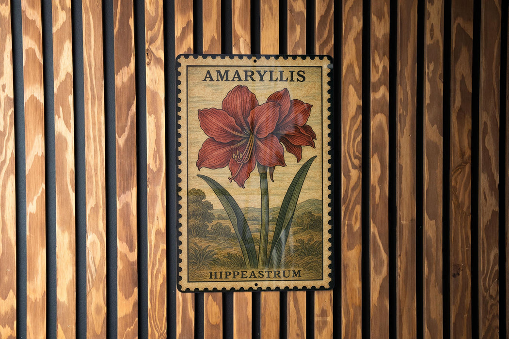 A vintage-style stamp featuring a large red flower with green leaves, mounted on a wooden wall.