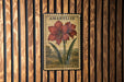 A vintage-style stamp featuring a large red flower with green leaves, mounted on a wooden wall.