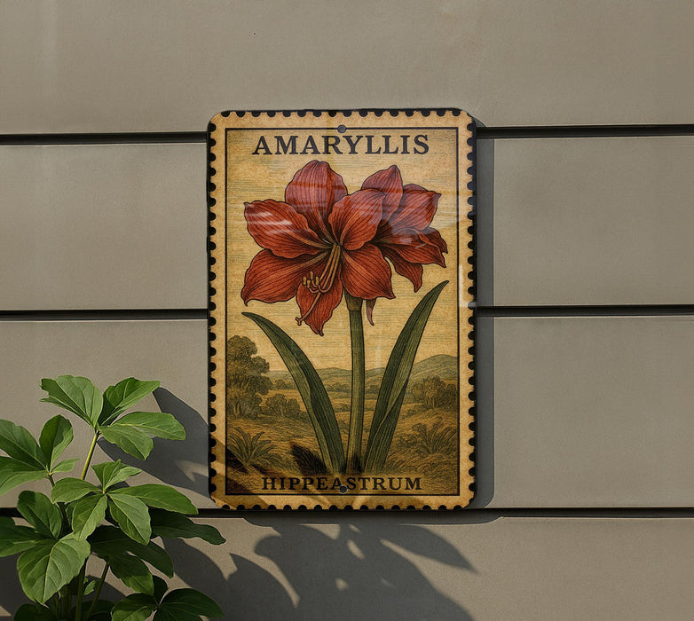 a wooden sign with a large red flower and green leaves, mounted on a wall next to a plant.